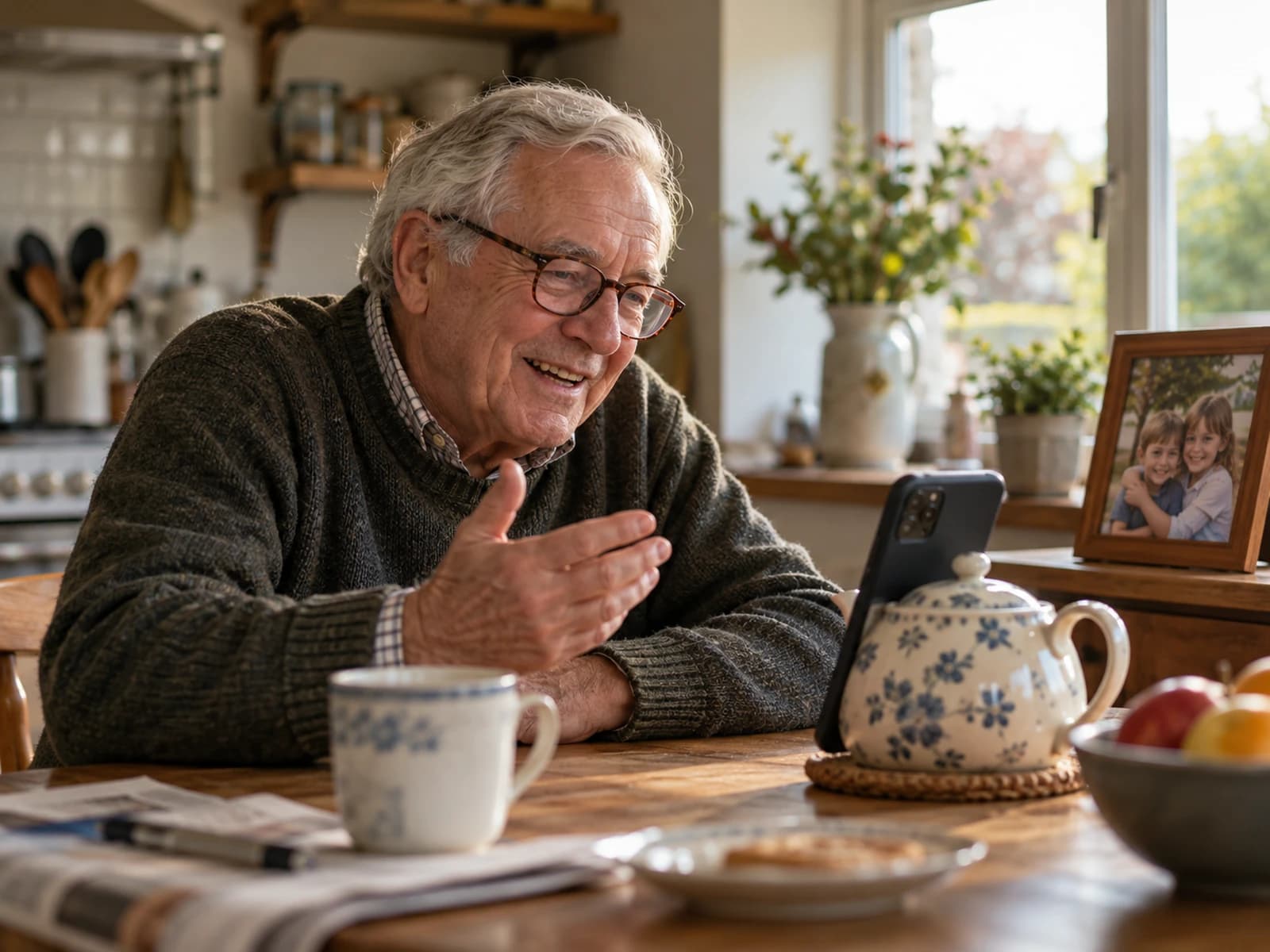 A grandparent laughing with a young grandchild at home