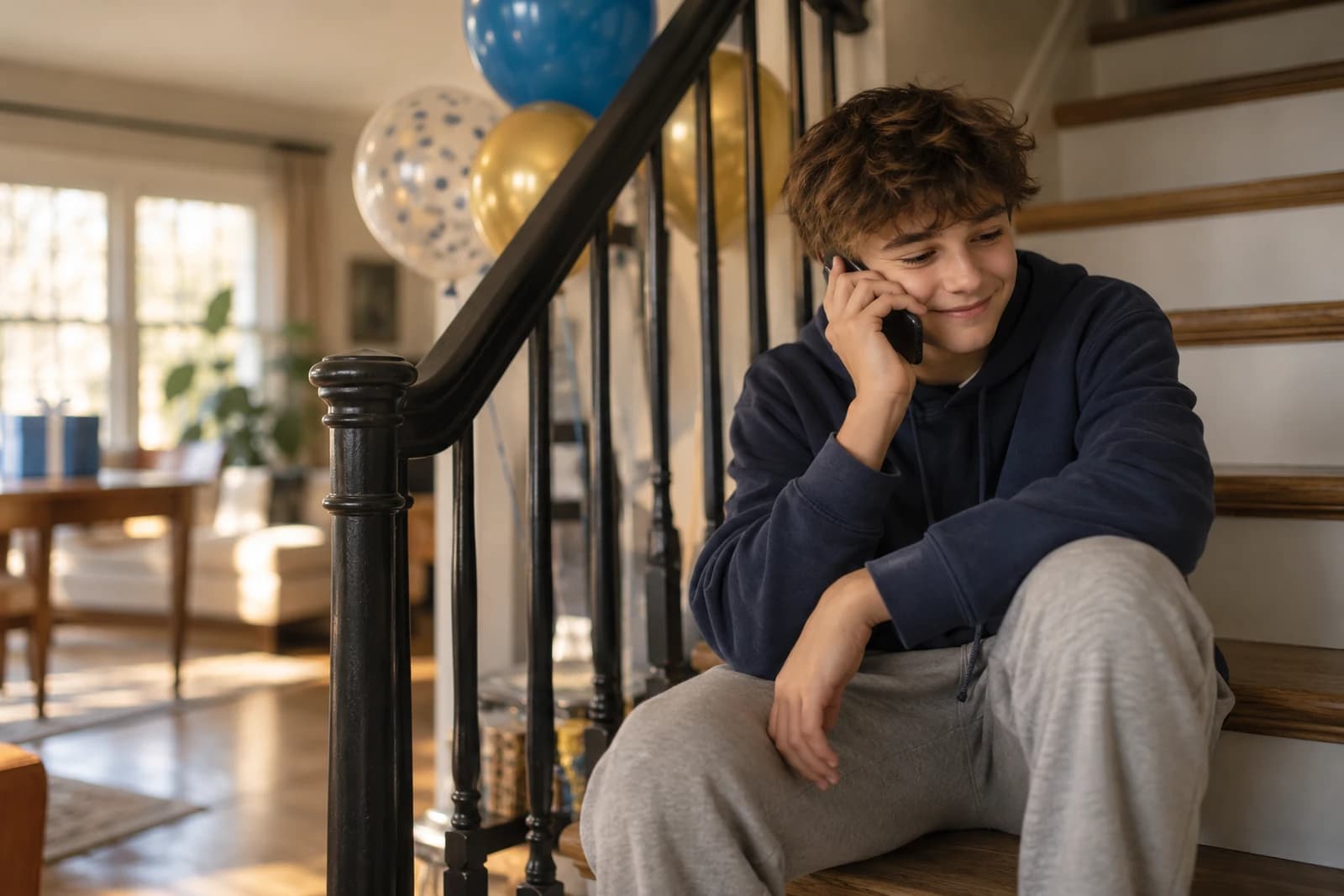 A young adult sitting by a window in the evening, reading a message on their phone