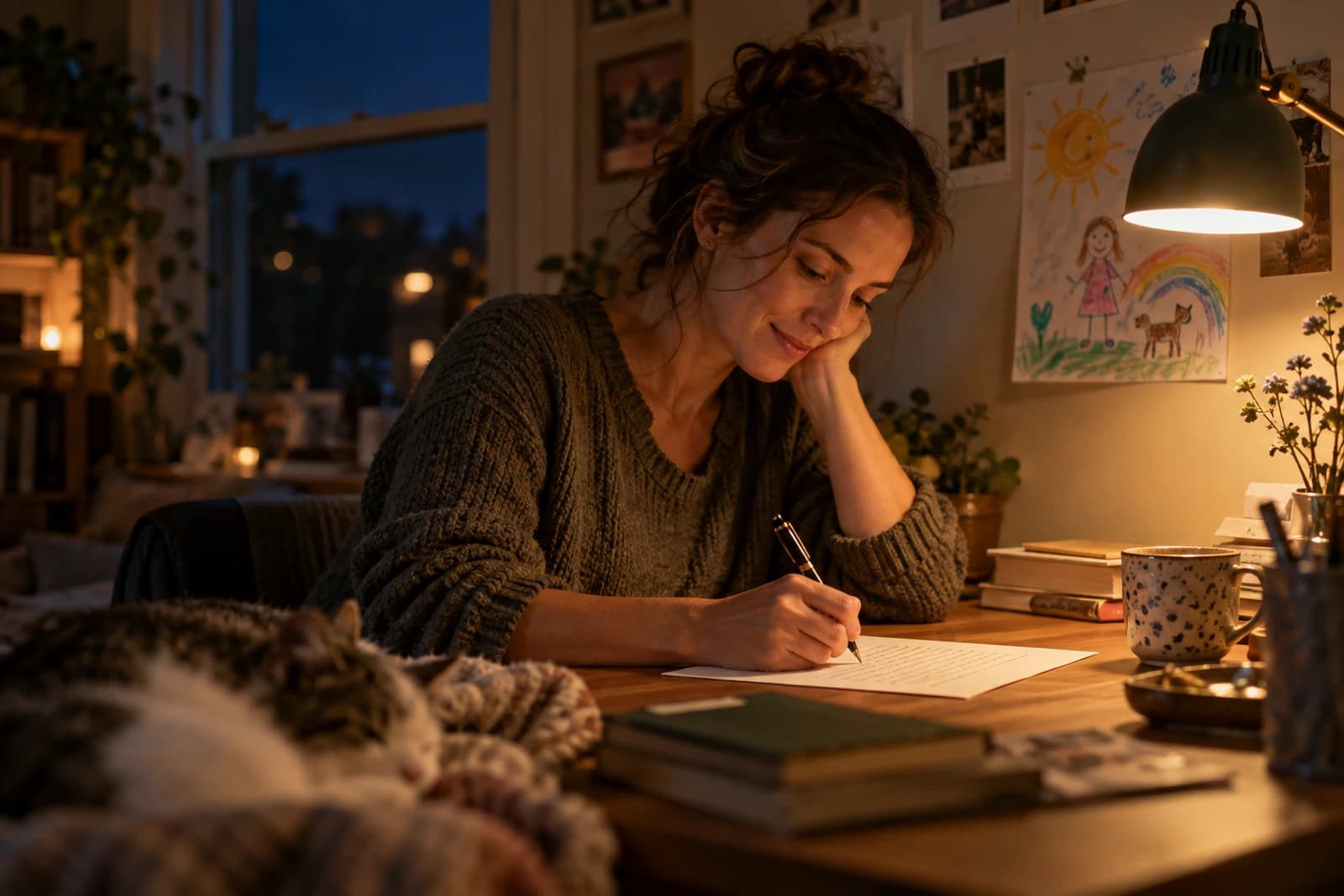 A parent writing a letter by the warm light of a desk lamp in the evening