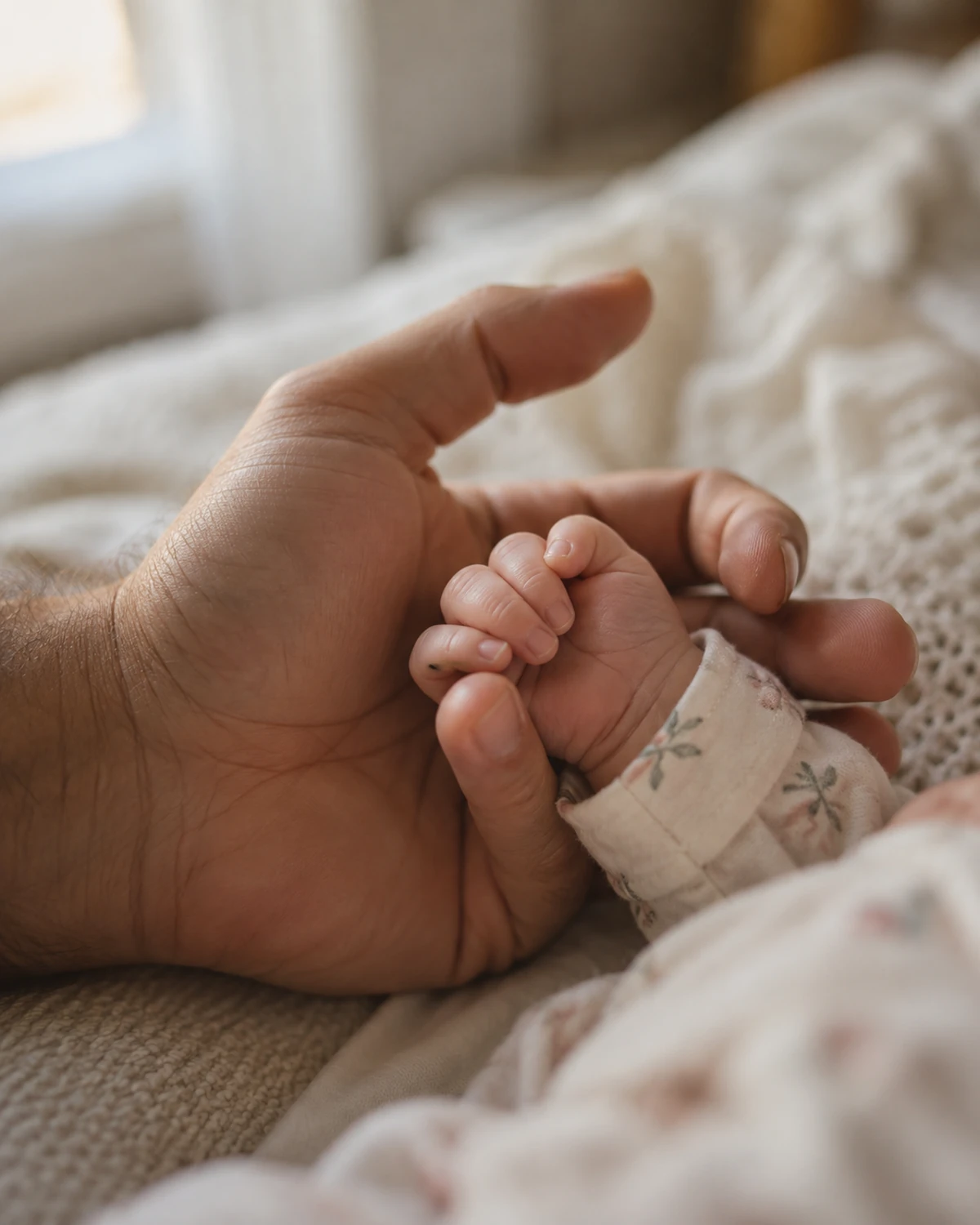 A parent holding a newborn baby's hand