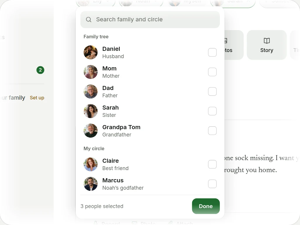 The recipient picker with Family tree and My circle.