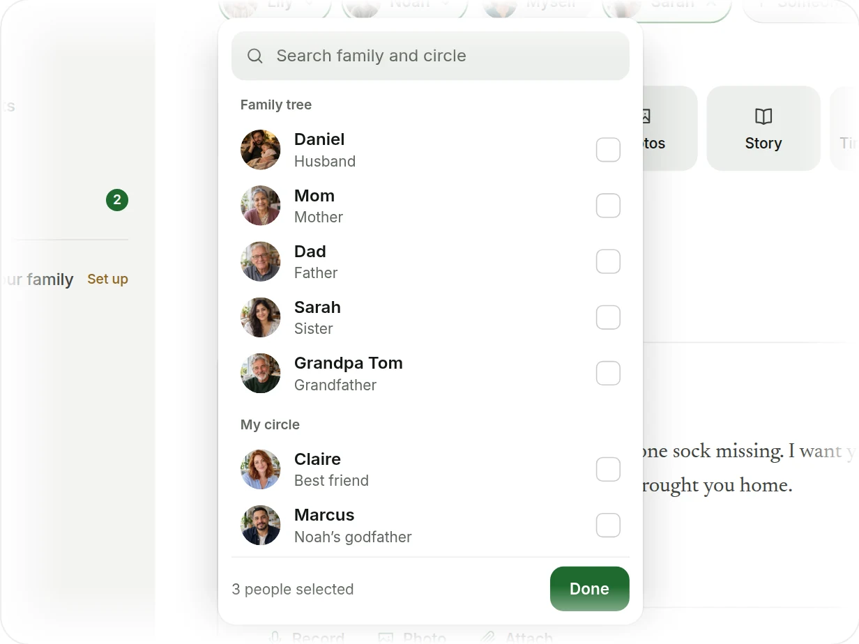 The recipient picker with two groups: Family tree and My circle.