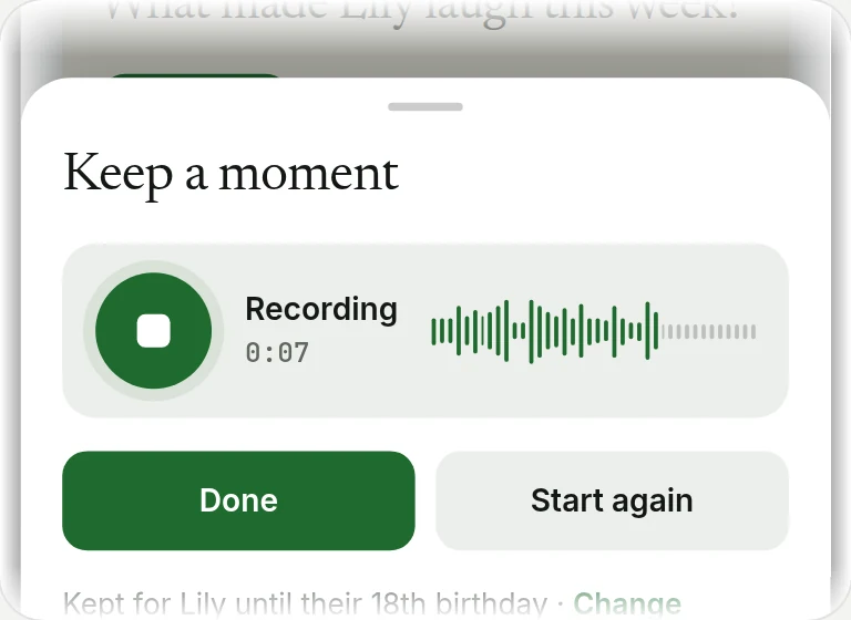 The Keep a moment sheet recording a voice note: a stop button, Recording 0:07 and a waveform.