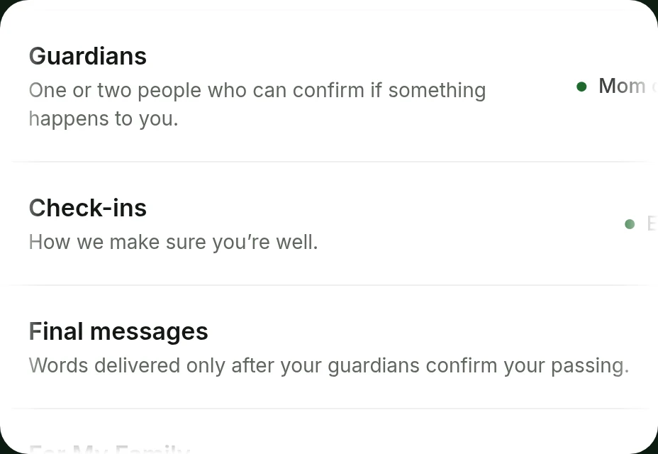 The Protect your family hub in TrueKin: Guardians, Check-ins and Final messages, each with a plain status.