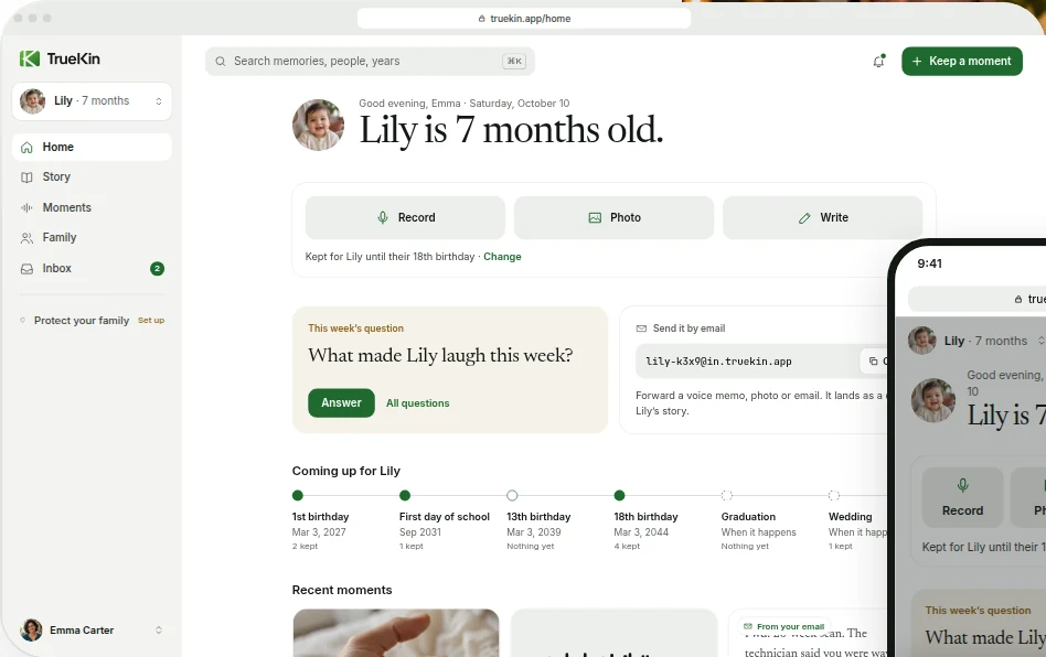 TrueKin in a desktop browser at truekin.app, showing Lily’s home: her photo and age, the Keep a moment bar, this week’s question and the horizon of milestones ahead. Sample family.