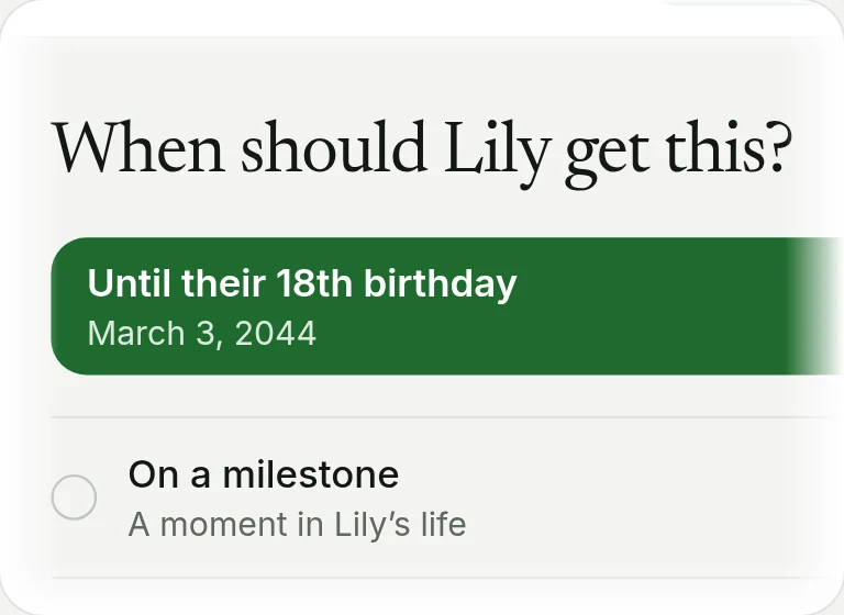 The delivery panel asking When should Lily get this?, with Until their 18th birthday, March 3, 2044 selected.