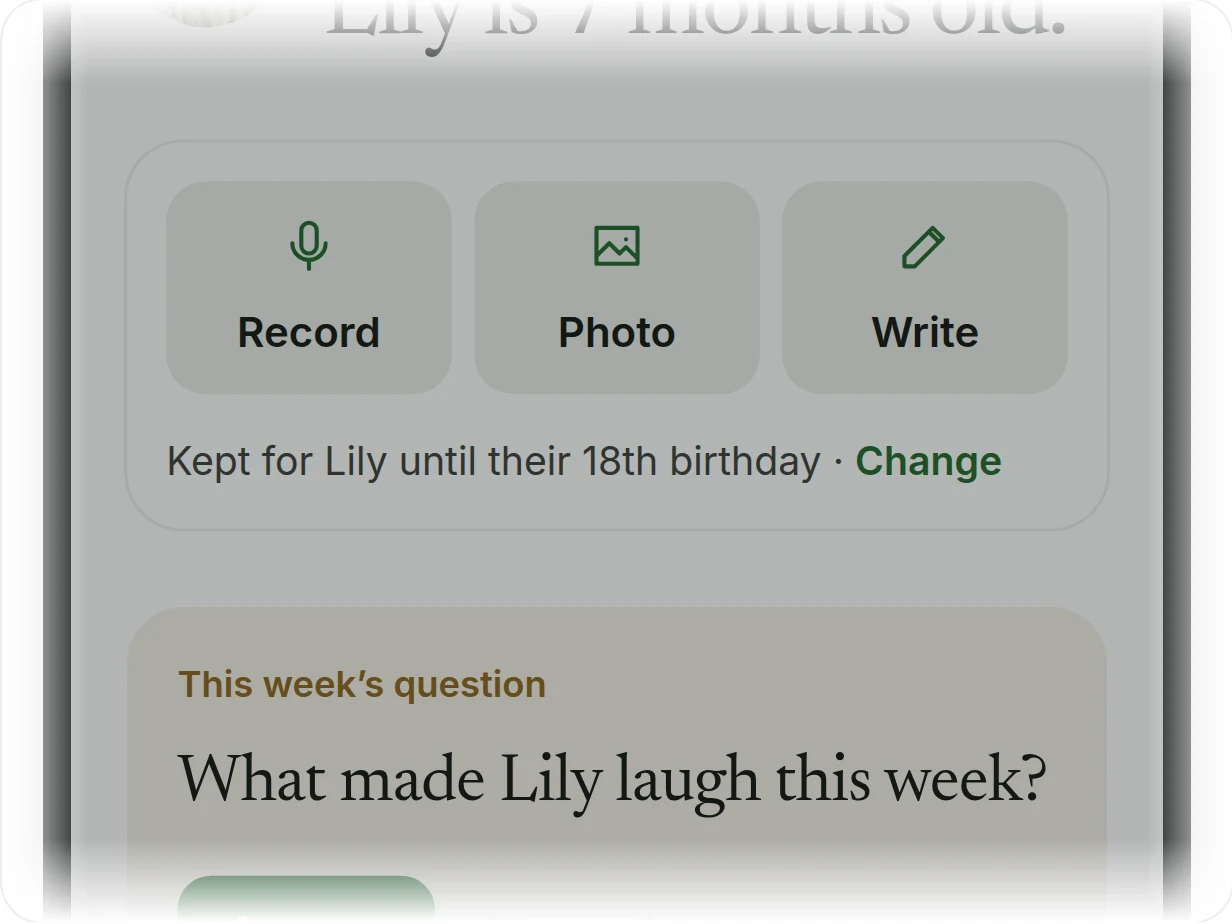 Keep a moment, with Record, Photo and Write, and the line Kept for Lily until their 18th birthday.